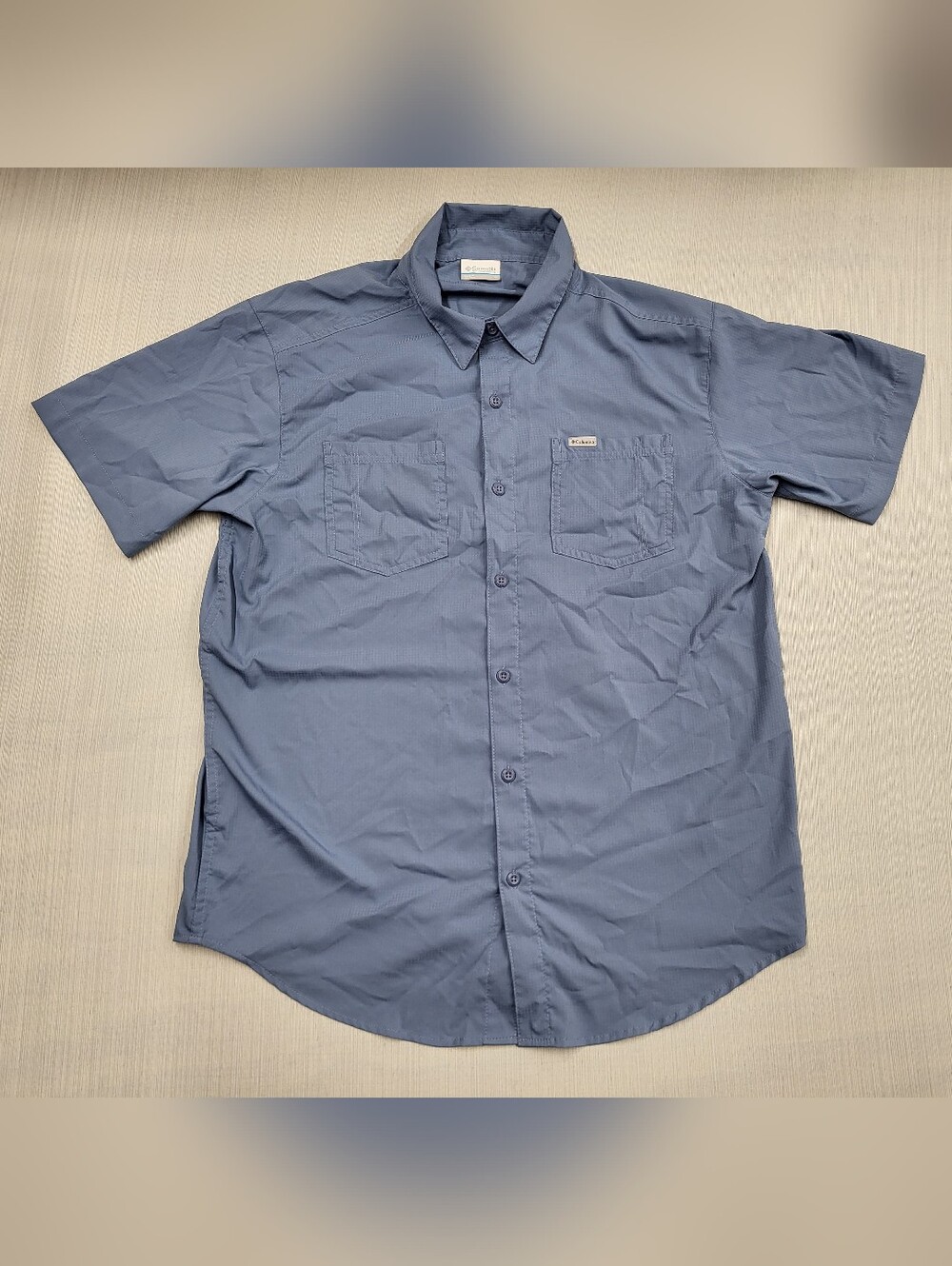 Columbia Camp Shirt Mens Mediun Blue Button Up Short Sleeve Pocket Outdoor Read!